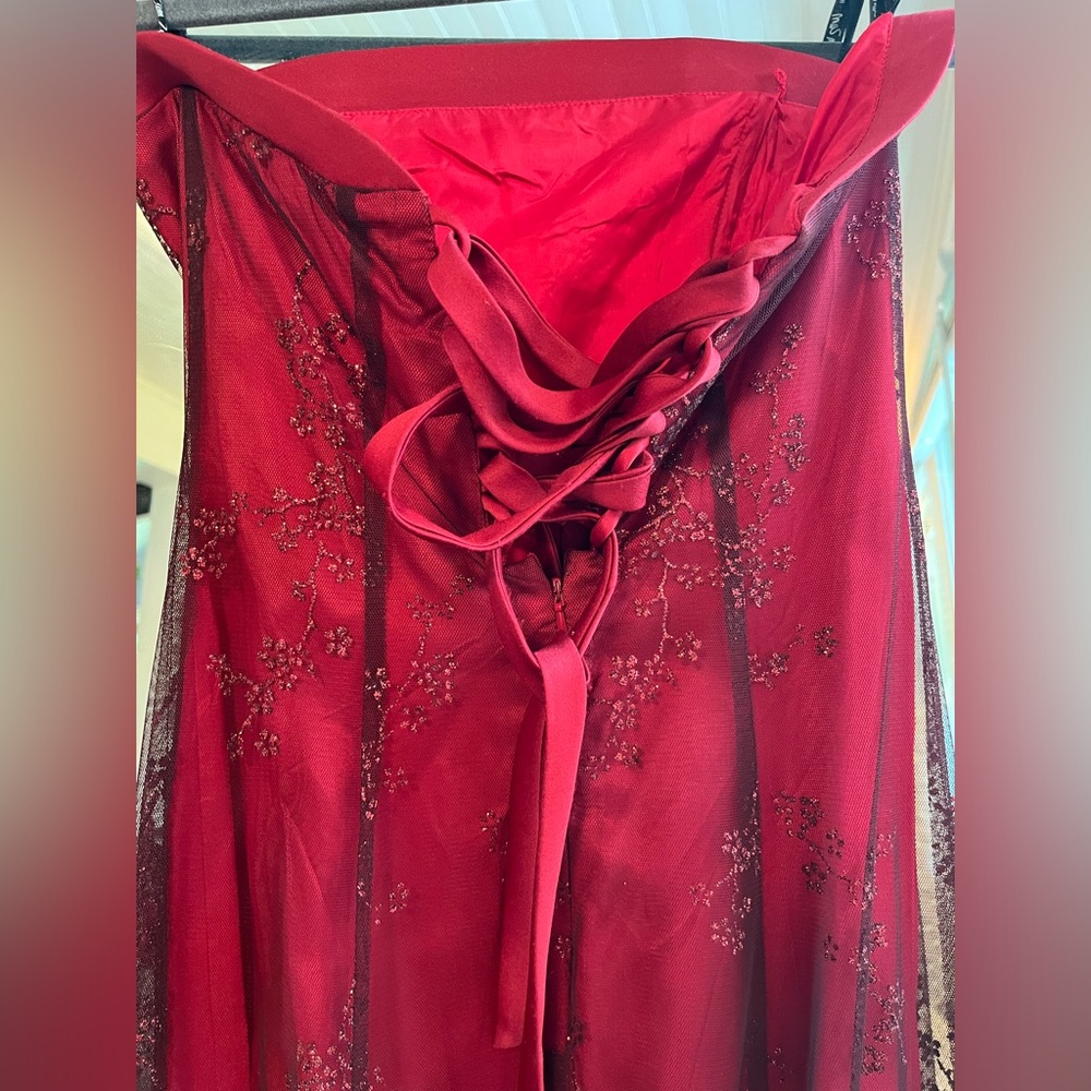 Strapless Red Evening Gown with Glitter Overlay - Picture 3 of 5
